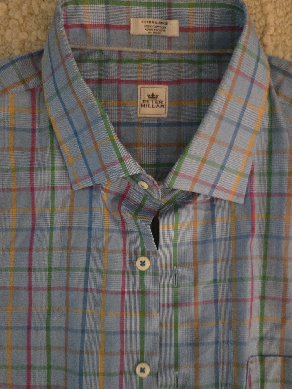 Peter Millar Men's Light Blue Multi-Check Long Sleeve Shirt - Size XL